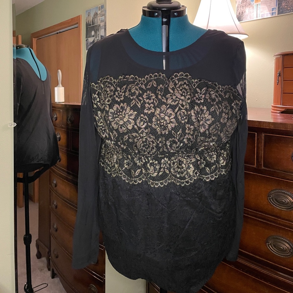 Cacique 22/24, black/gold lingerie, sheer long sleeve bodysuit, crotch-closure